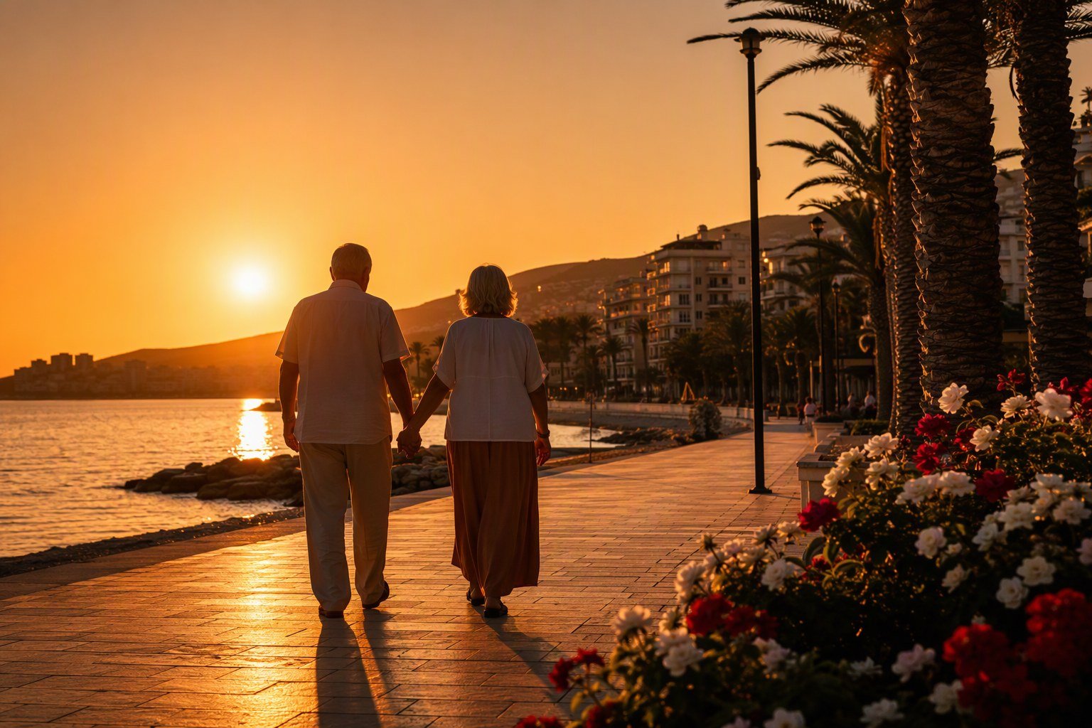 Retired couple on the seafront in Saranda, Albania
